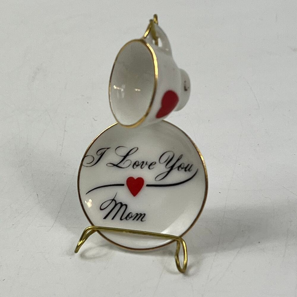 Vintage Miniature Japan Porcelain Teacup & Plate I Love You Mom Gold Trim Stand
